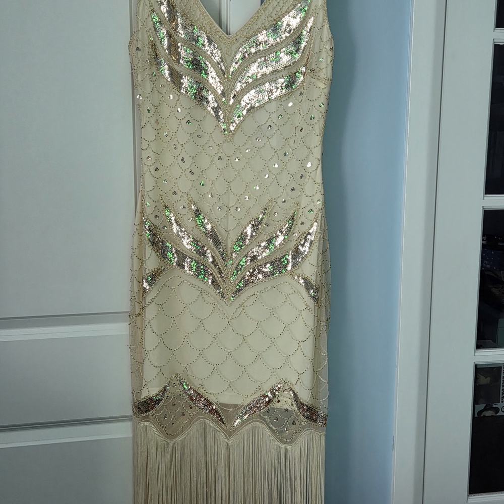 Unique Vintage Cream and Gold Sequin Flapper Dress